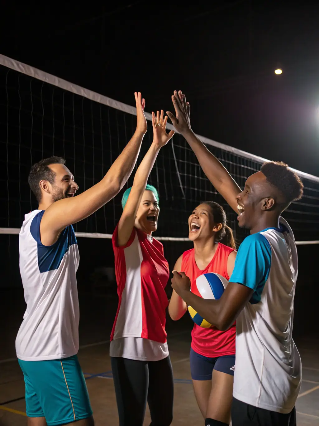 A group of diverse individuals participating in a volleyball game, showcasing teamwork and camaraderie in a recreational sports setting.