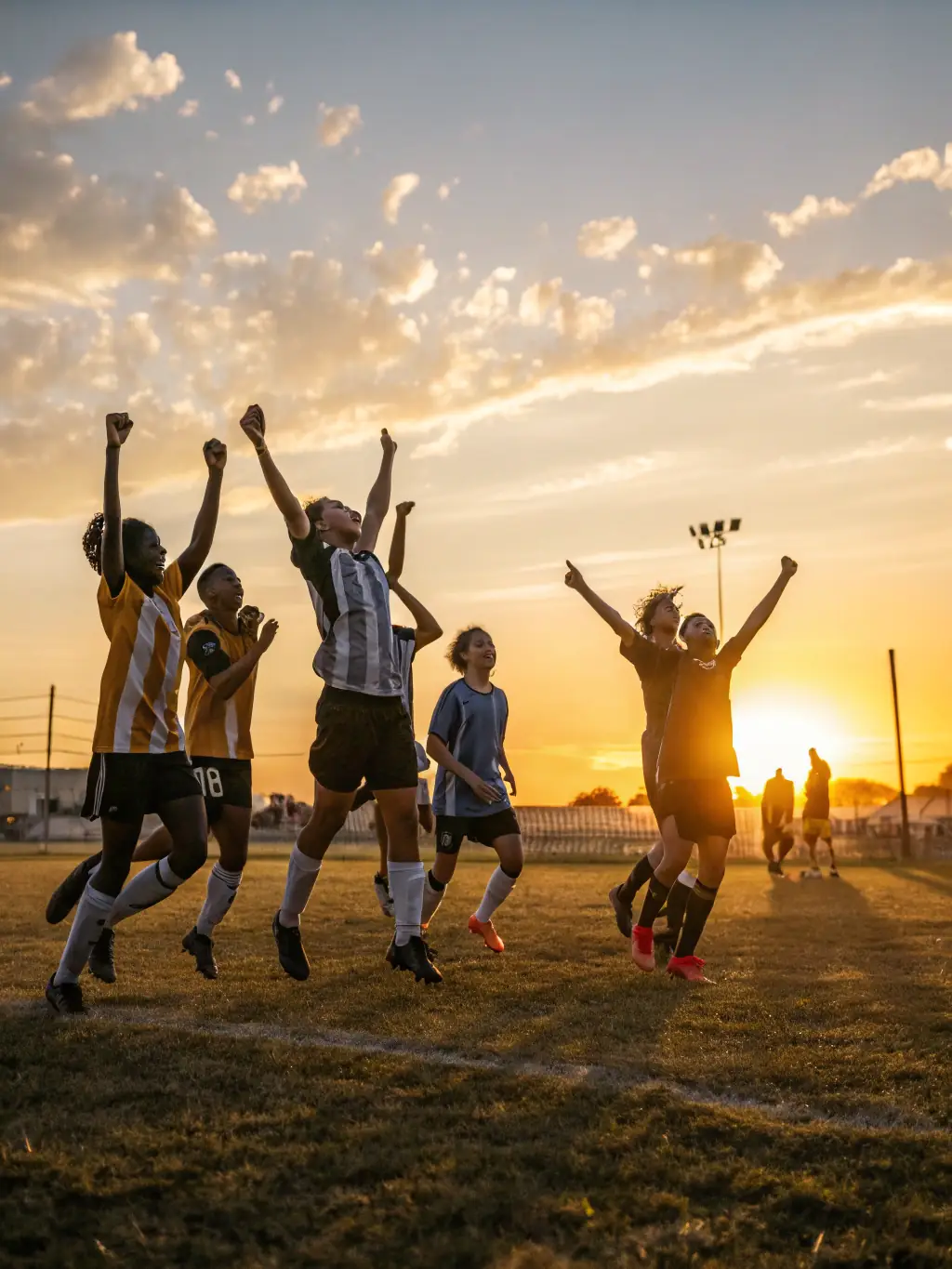 A picture of a group of people celebrating a victory after a sports match, emphasizing the joy and shared experiences.