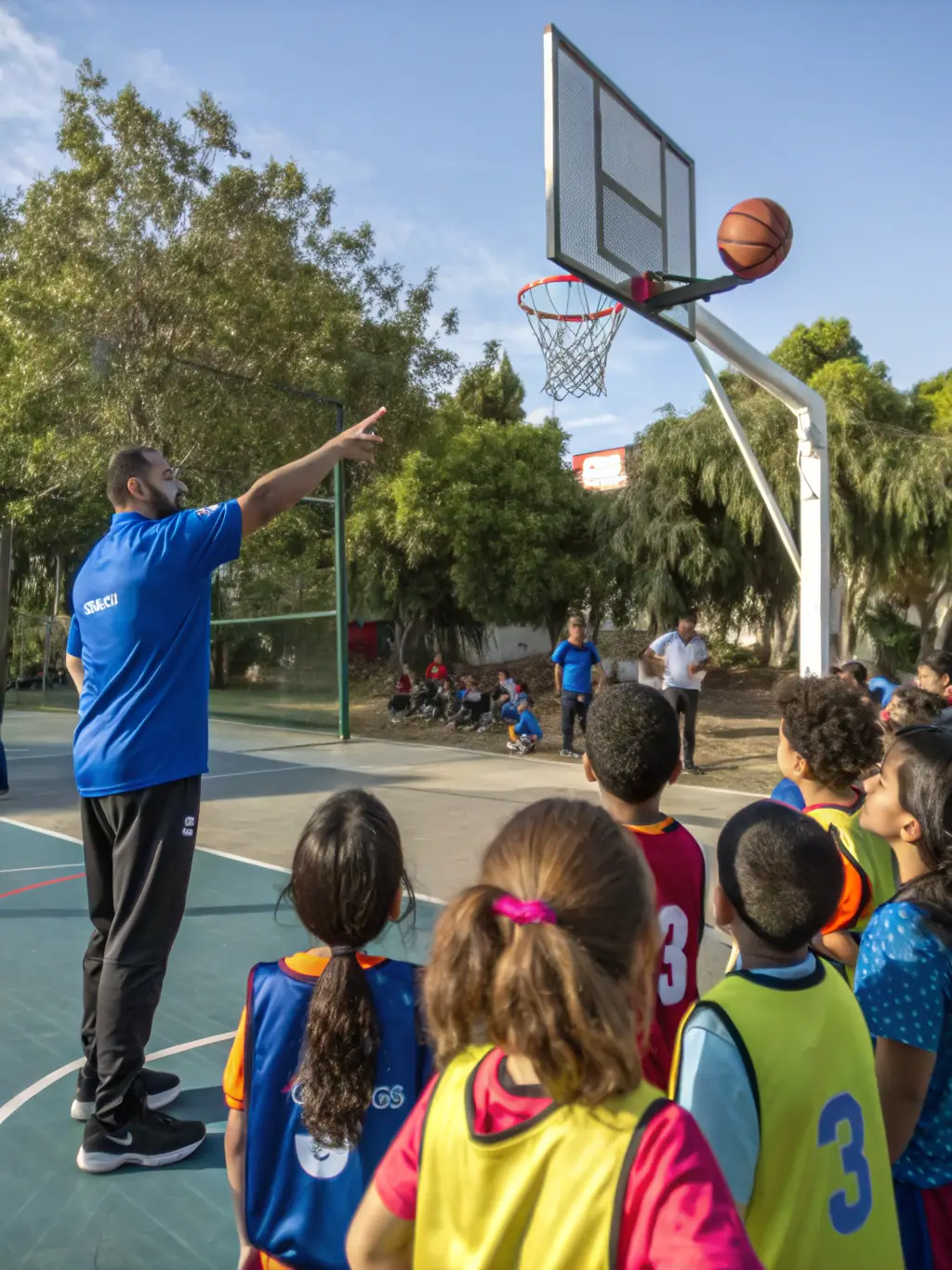 A photo of children learning basic sports skills from a coach, highlighting skill development and mentorship.