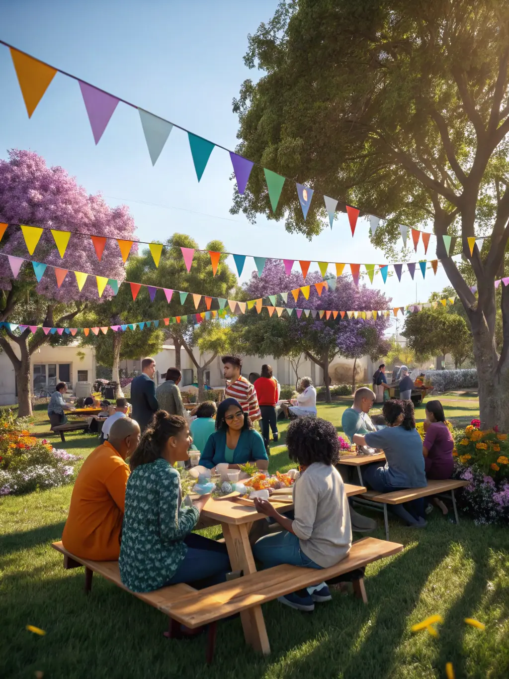 A vibrant image of people of different ages and backgrounds laughing and interacting during a community sports event.