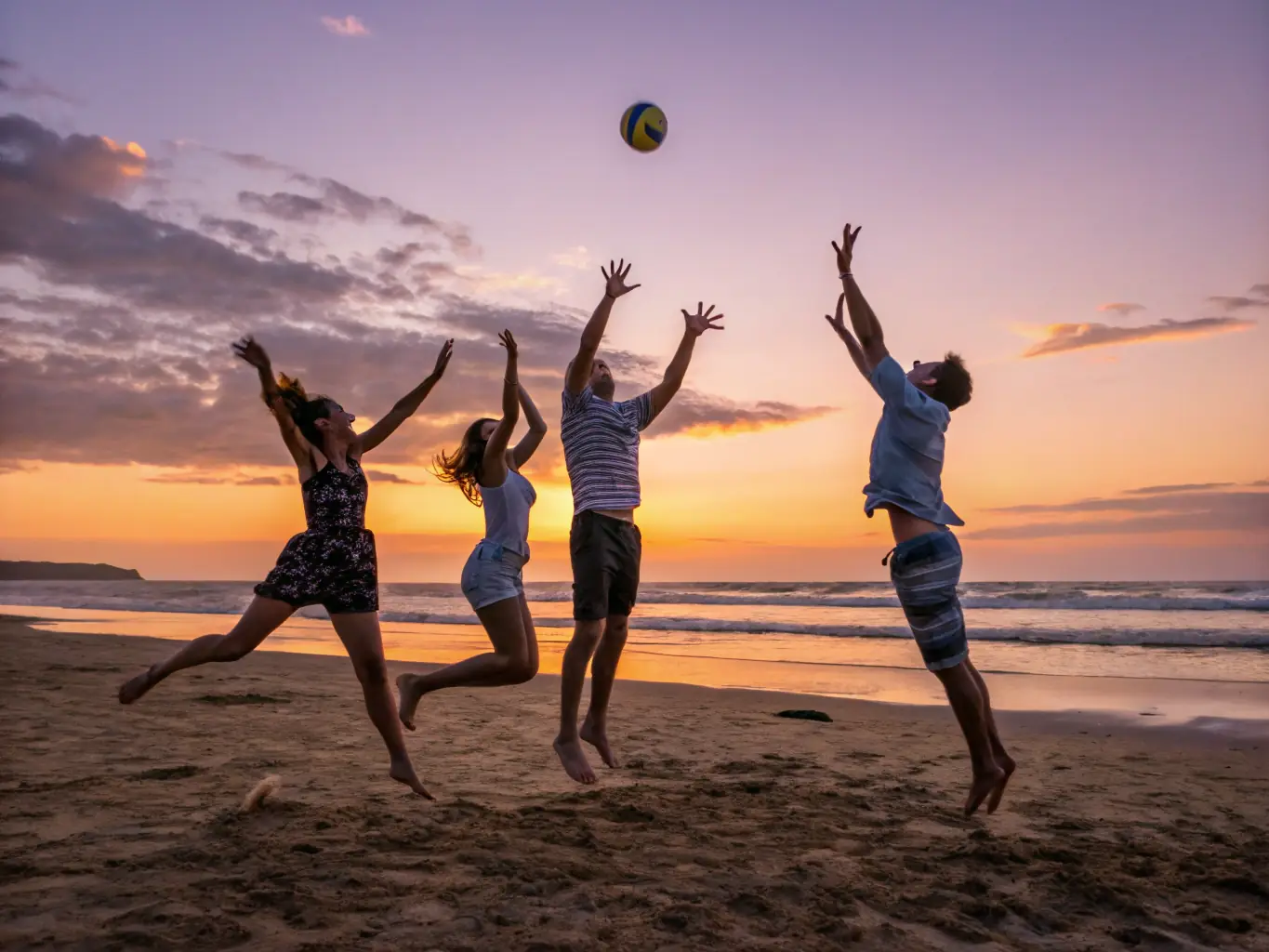 A dynamic image of a group of people playing volleyball on a beach, showcasing teamwork and active participation.